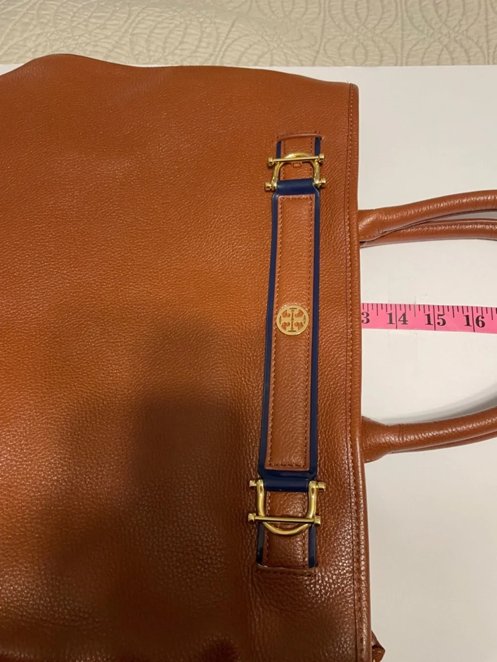Tory Burch Cognac Jardin Pebbled Leather Tote with Navy Trim - Picture 7 of 11